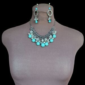 Turquoise and grey beaded necklace and earrings